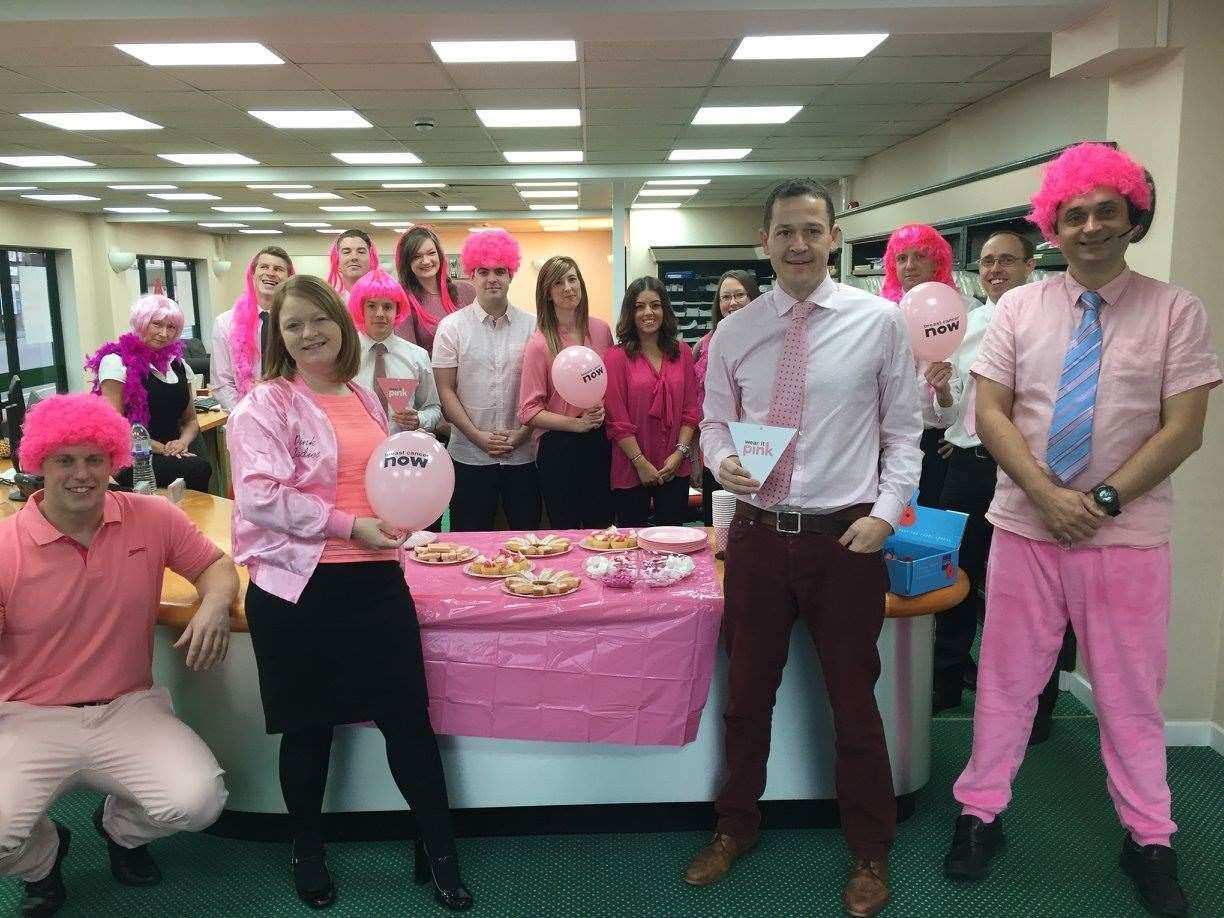 The staff down at A-Plan wearing pink to work to raise money for breast cancer. Picture by: A-Plan Insurance, Thatcham (52291261)