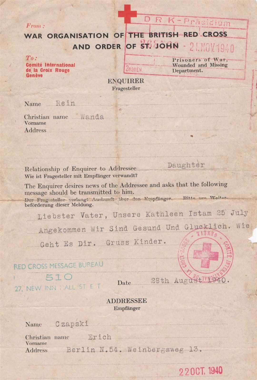 A letter Wanda Rein sent to her father via the British Red Cross in August 1940. It reads: “Dearest Father, our Kathleen (Eric’s elder sister) arrived on July 25. We are healthy and happy. How are you? Greetings, Children.” Credit: Eric Rein