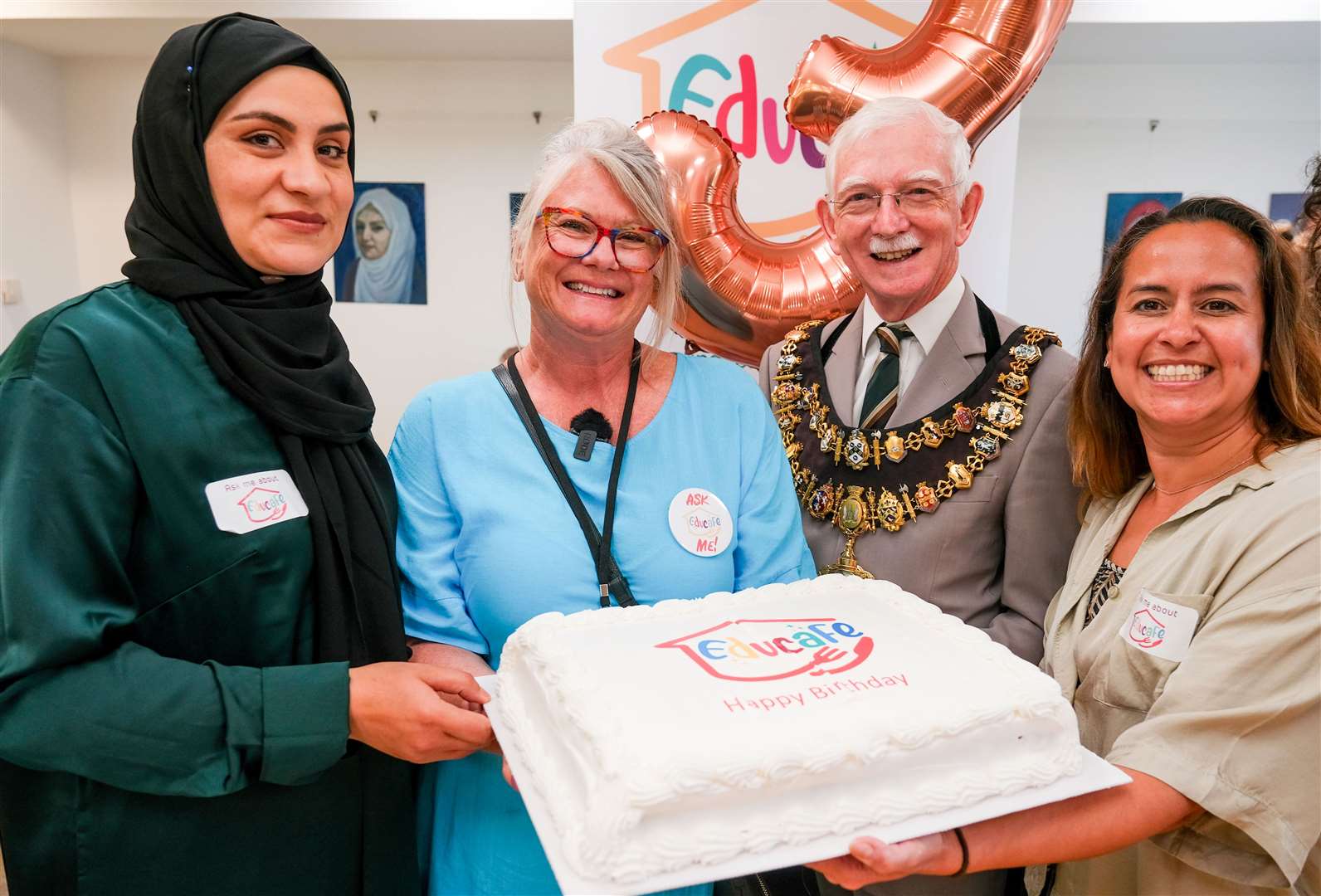 Rona Maail, Educafé Co-Founder Clare Middleton, Mayor of Newbury Andy Moore and Educafé Director, Janine Ford