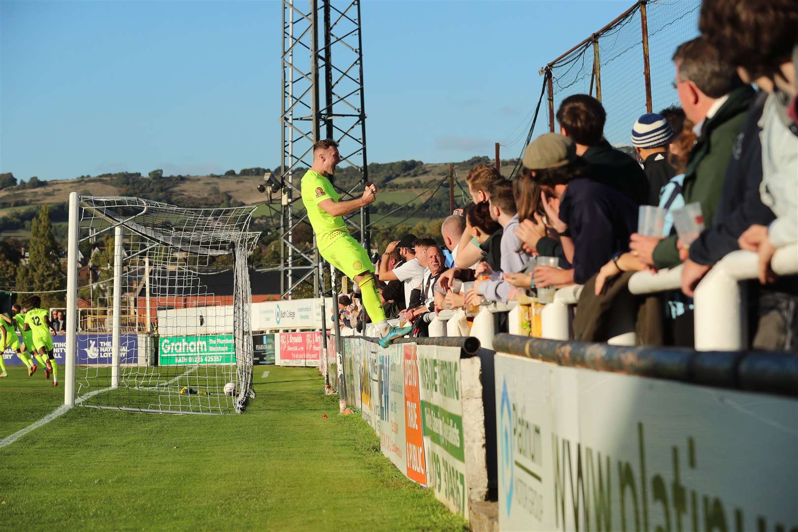 Evans celebrates scoring the winning goal against Bath City. Pic: Jeff Youd