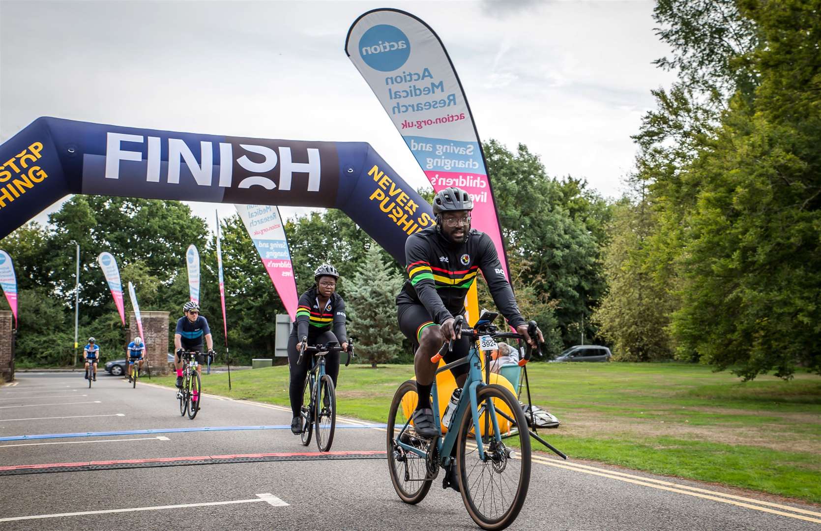 Cyclists crossing the finish line
