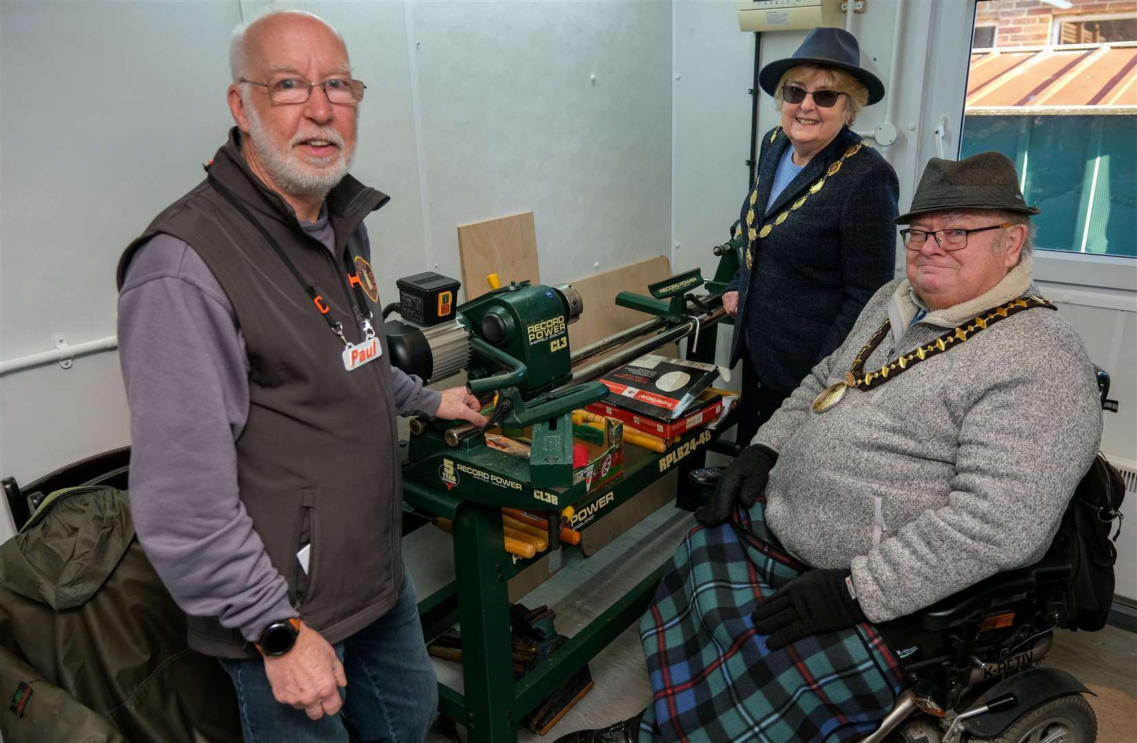 Tadley Men’s Shed chairman Paul Gross, Tadley Town Council chair Avril Burdett and Basingstoke and Deane mayor David Leeks