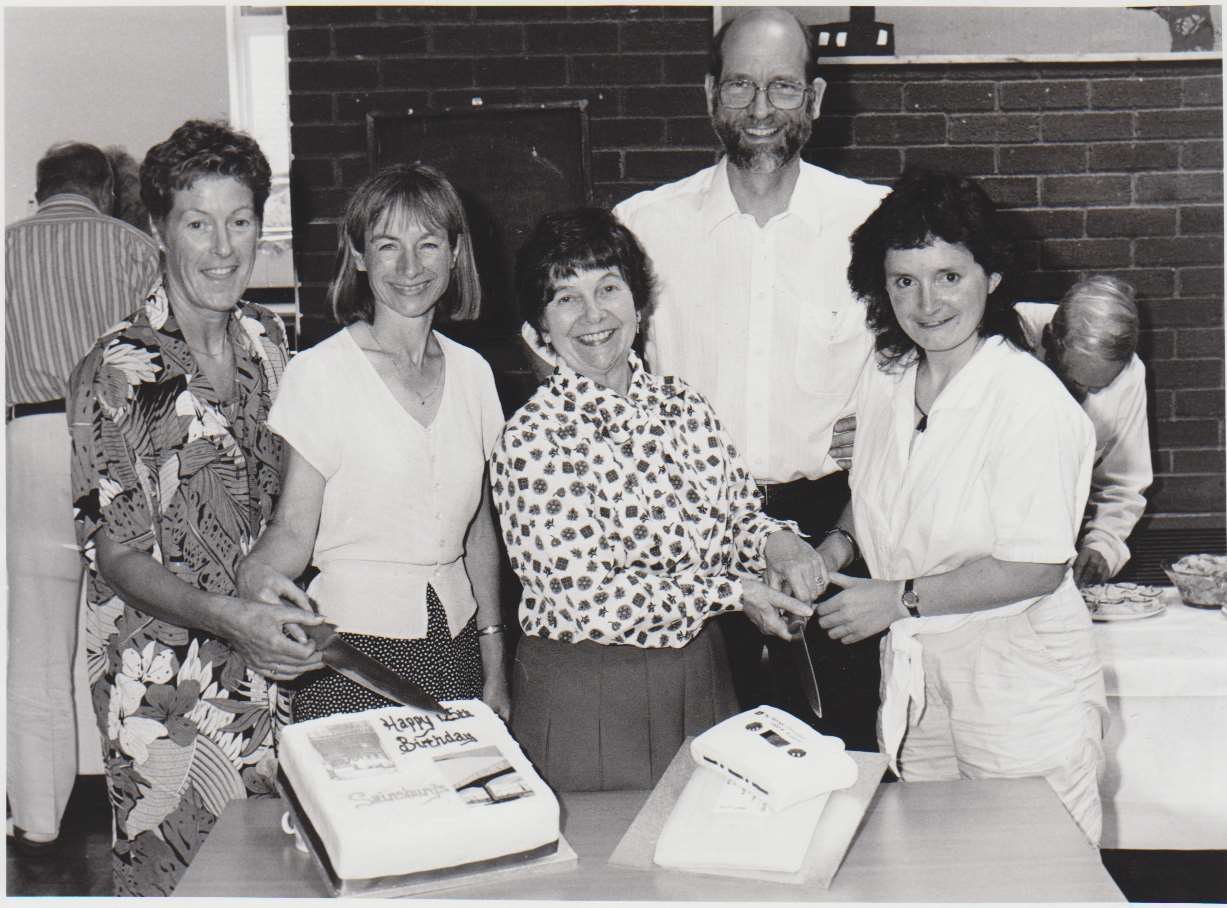 Volunteer editors Sue Campbell, Laura Pank, Iris Lloyd and Sara Bartlett, with Kennet cassette Chairman Peter Dann, in 1995.