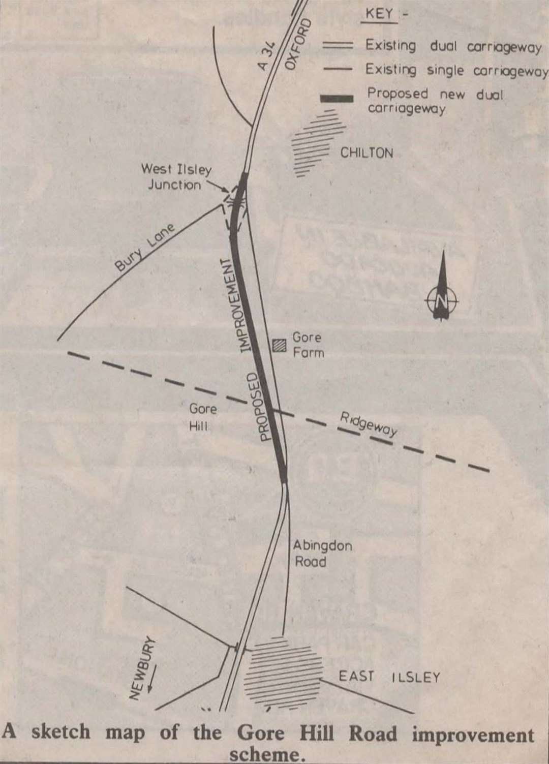 Sketch map of the A34 improvements at Gore Hill. 1985
