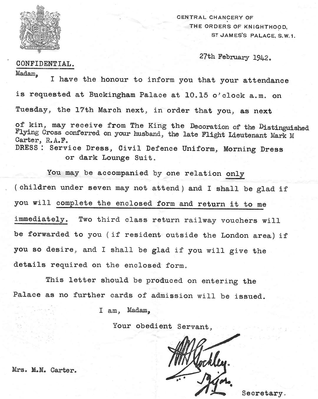 Invitation for Mr Carter’s family to attend Buckingham Palace to collect his posthumous DFC. Credit: Emma Carter