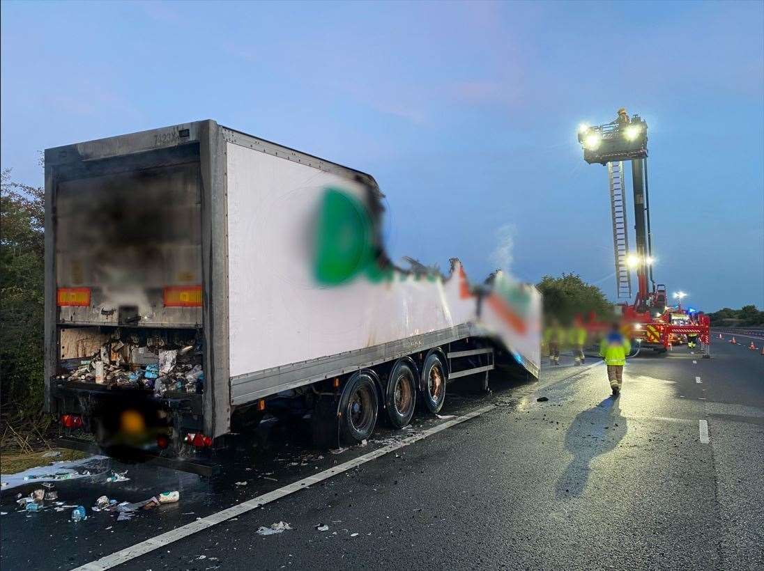 Scenes at the vehicle fire this morning, credit: Highways England