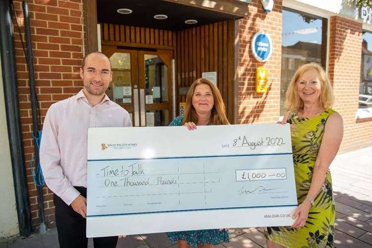 David Wilson Homes' Oliver Parmenter, Time to Talk service manager Tammy Willsher and David Wilson Homes' Fiona Smith. Picture credit: David Wilson Homes