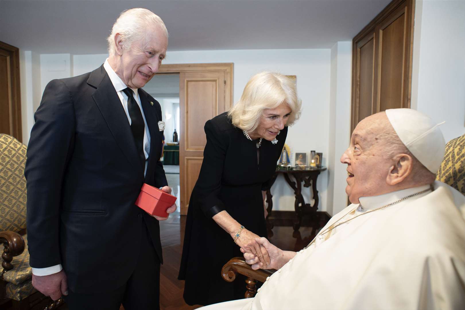 The King and Queen held a private meeting with Pope Francis in the Vatican on their 20th wedding anniversary (The Vatican/PA)