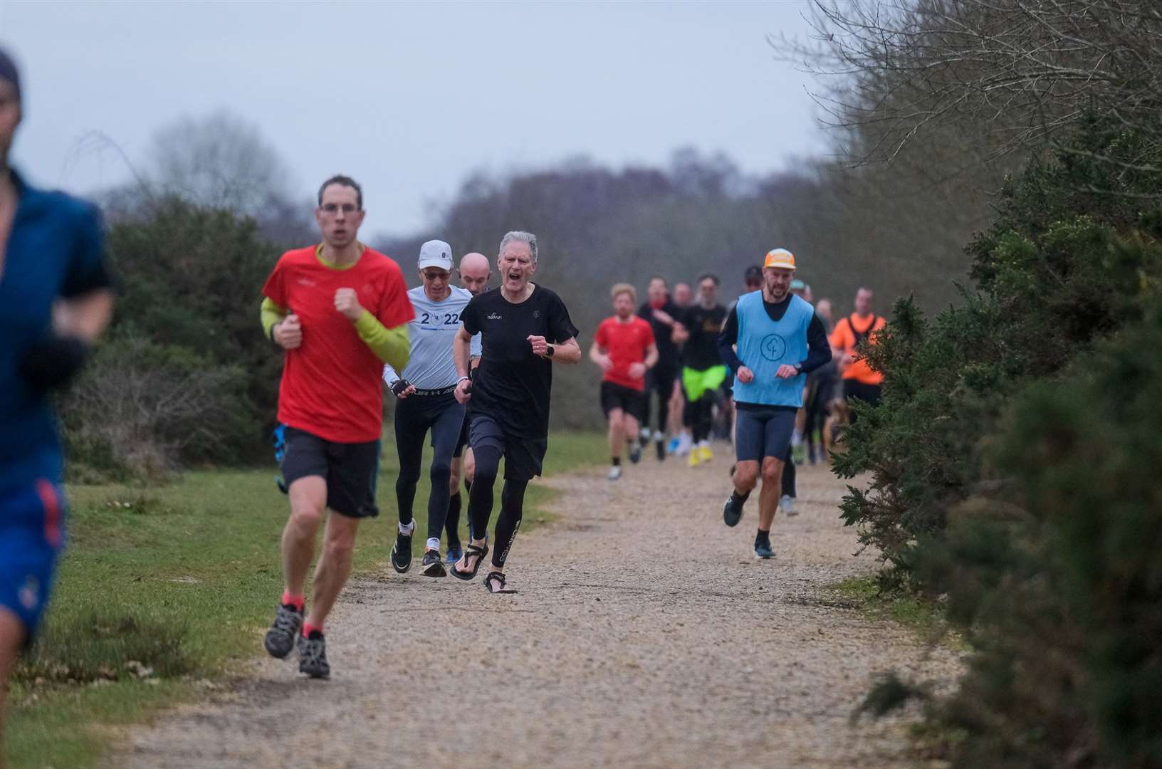 Runners coming down the final straight at the 500th Park Run at Greenham Common in January 2023