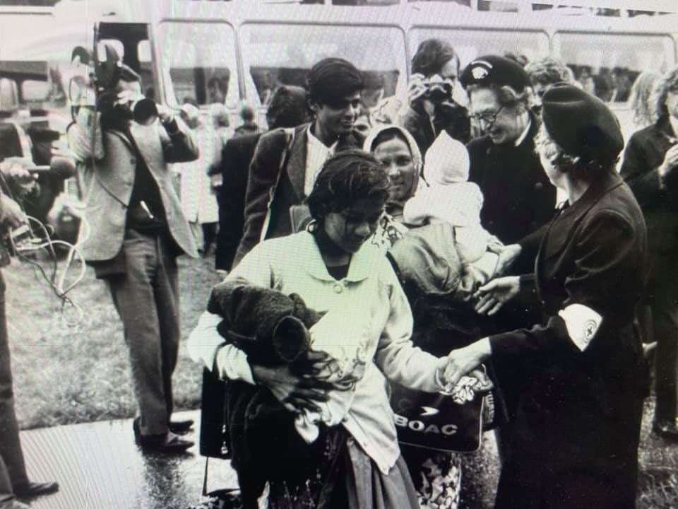 Ugandan refugees arriving at Greenham Common