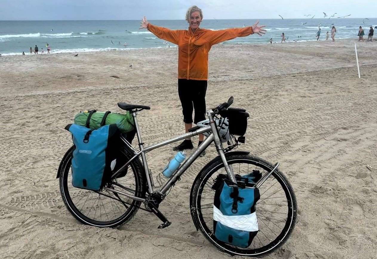 Mrs Templeman pictured at the finish line in North Carolina — just like a day at the Devon seaside, she says. Credit: Amy Ball