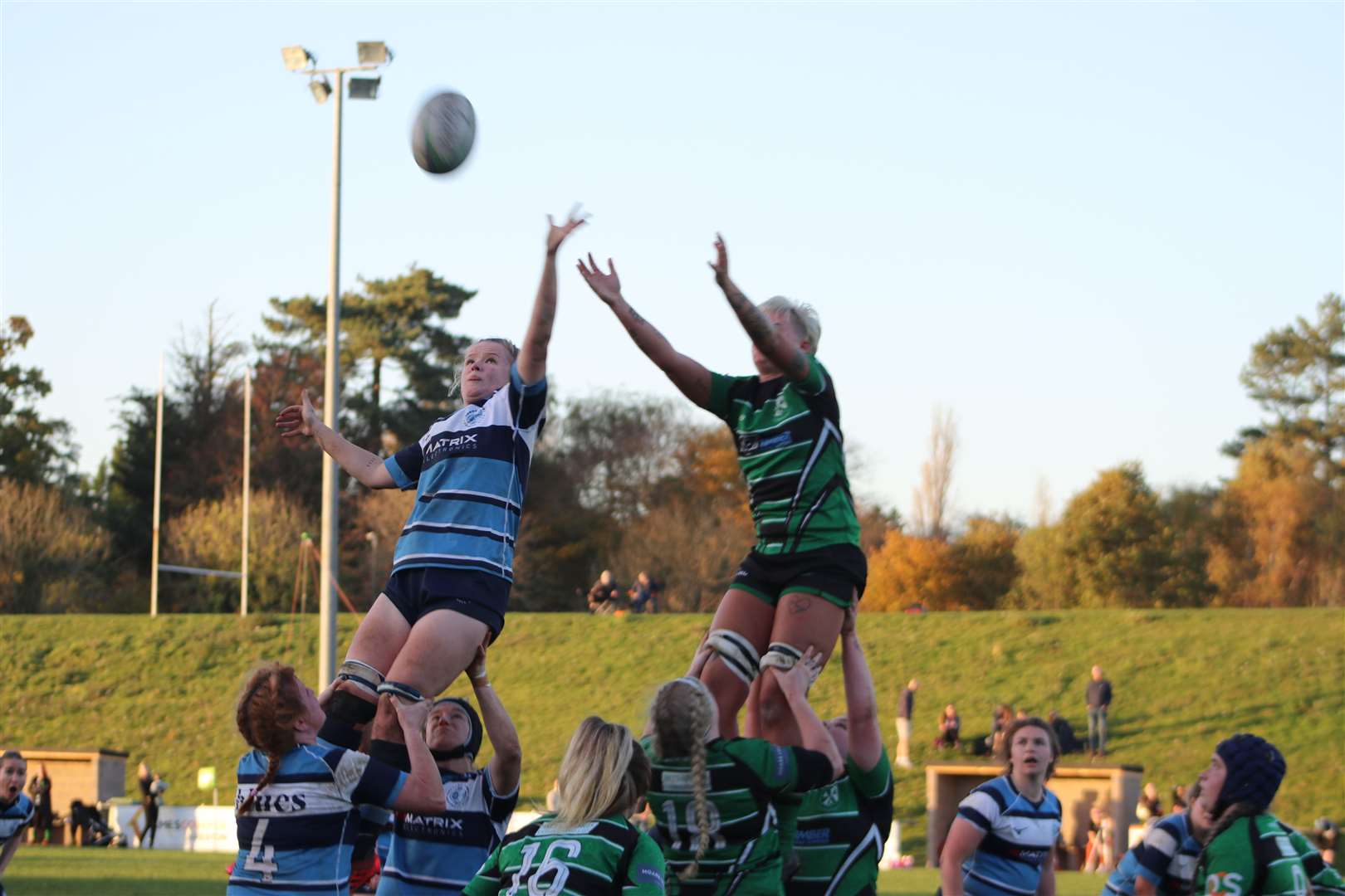 Player of the match Abbie Leadbitter wins a lineout. Pic: Sophie Rothwell and Alastair Gray