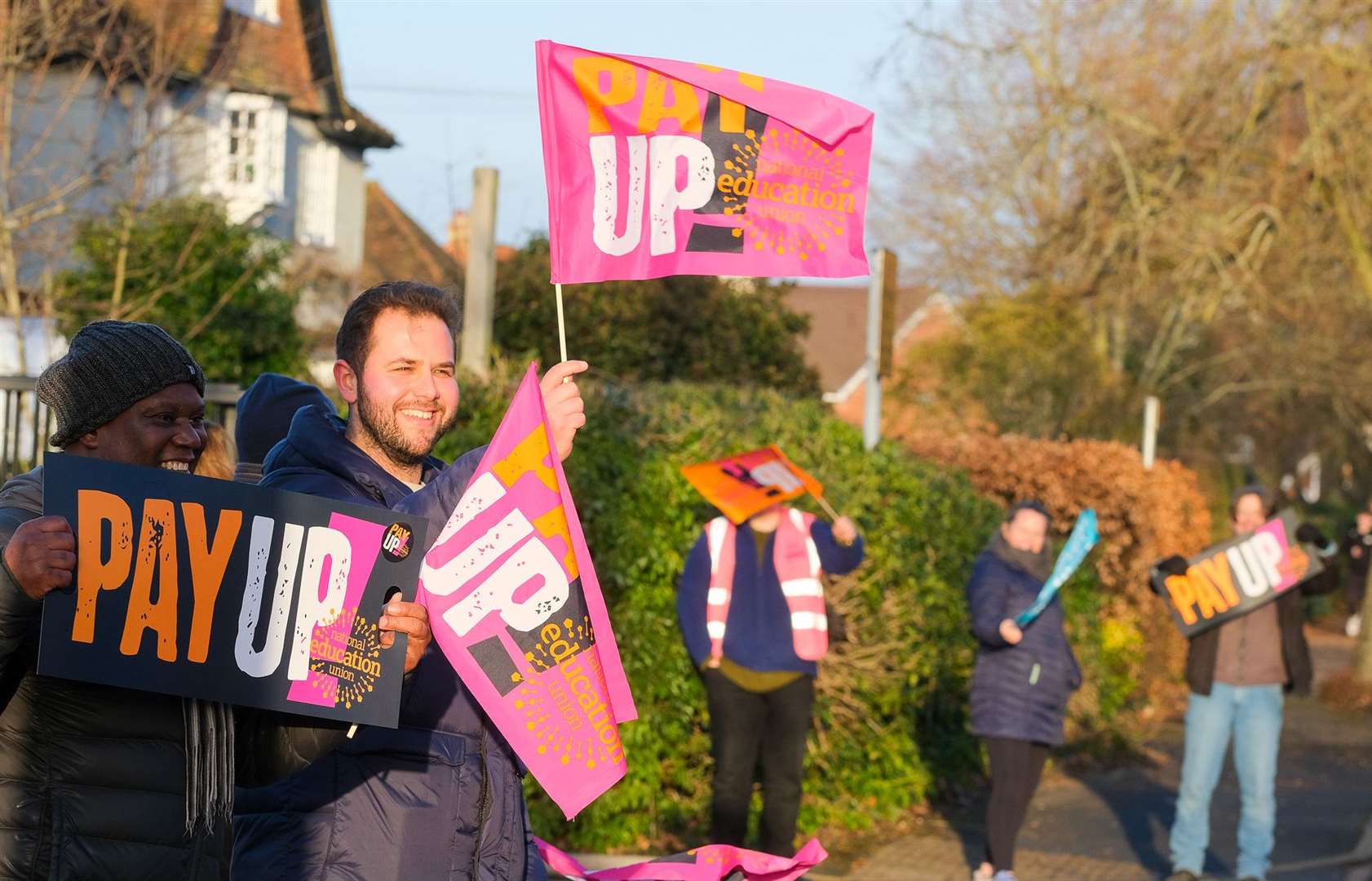 Teachers striking outside St Bartholomew's School this morning