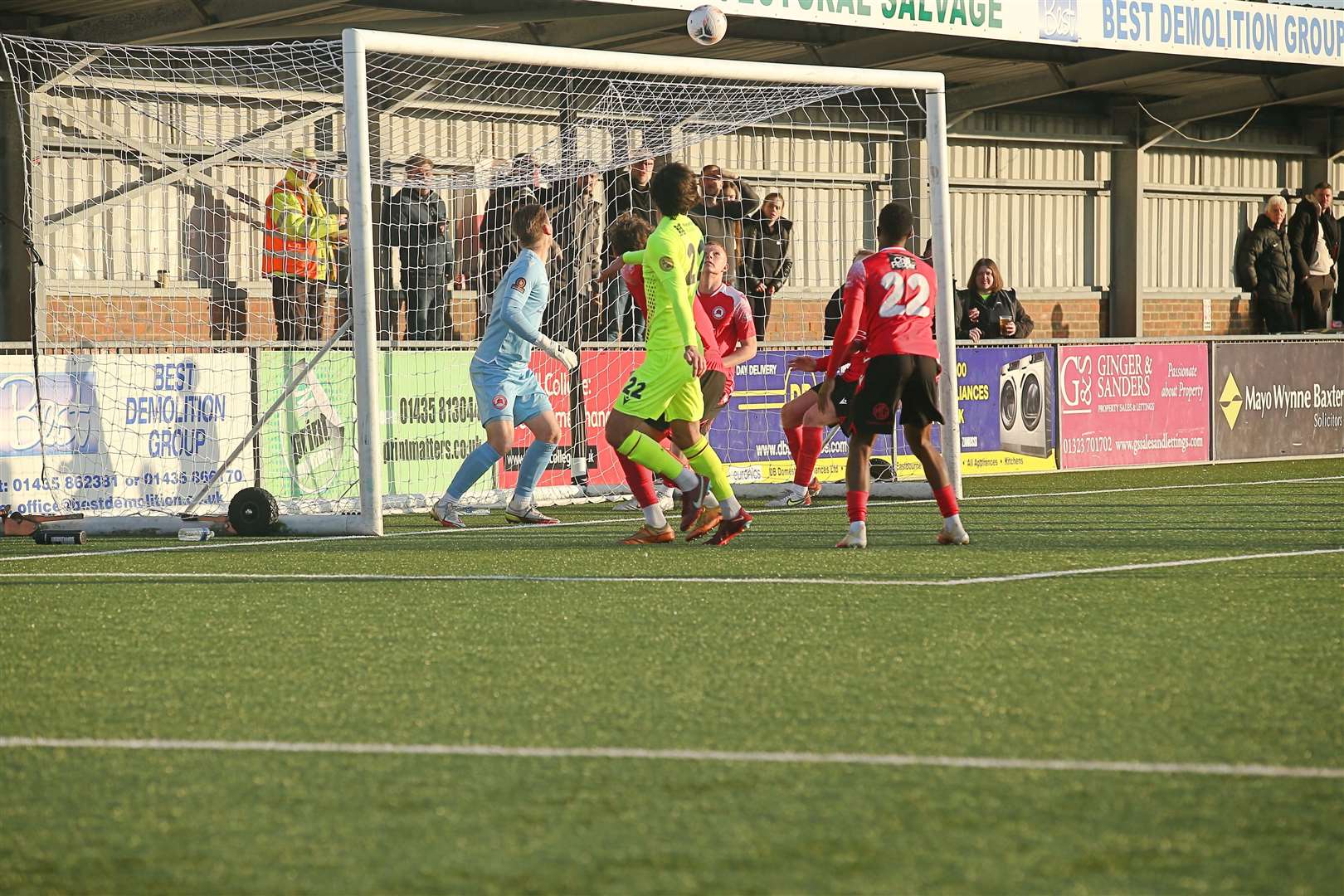 Matt Berry-Hargreaves' looping header hits the bar. Pic: Jeff Youd