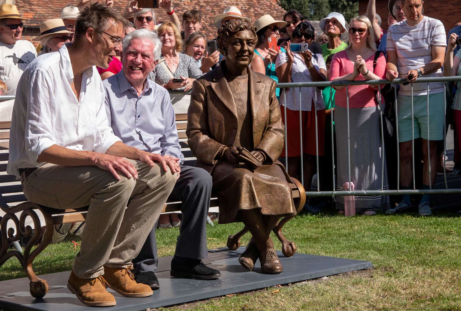Official unveiling of the Agatha Christie bronze statue by her grandson Mathew Prichard [right] with Ben Twiston Davies sculptor Pic: Stuart Emmerson for Wallingford Town Council