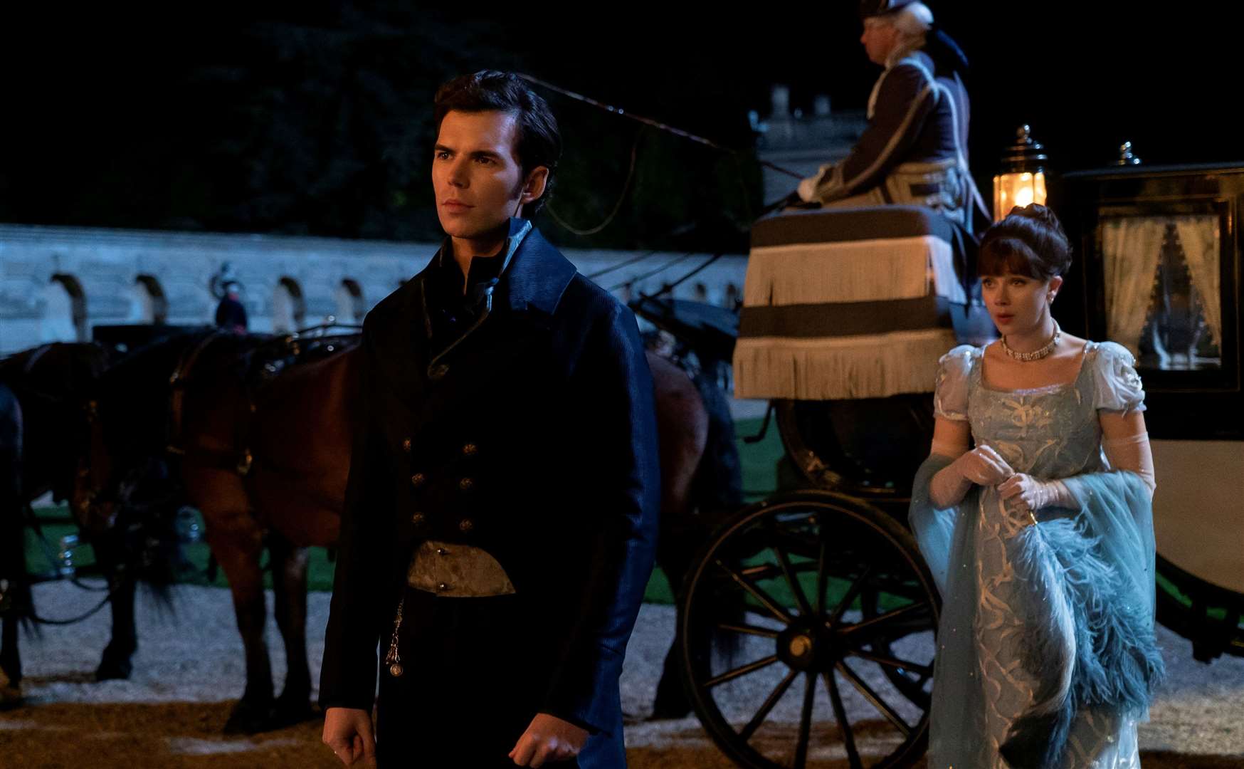 Luke Newton as Colin Bridgerton and Claudia Jessie as Eloise Bridgerton in the hit Netflix series, Bridgerton. Credit: Liam Daniel / Netflix