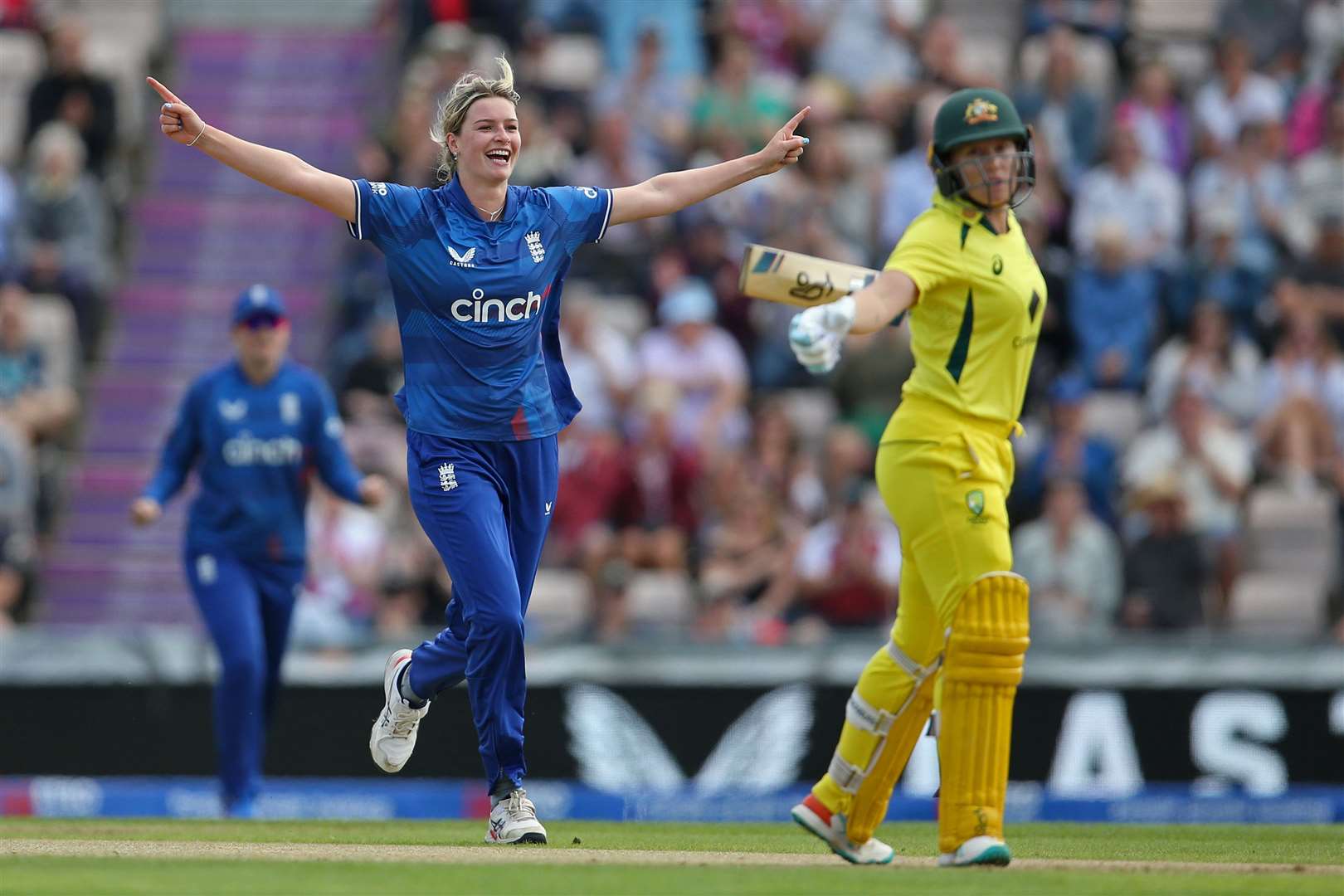 Bell celebrates the wicket of Aussie skipper Alyssa Healy. Picture: ECB/Getty