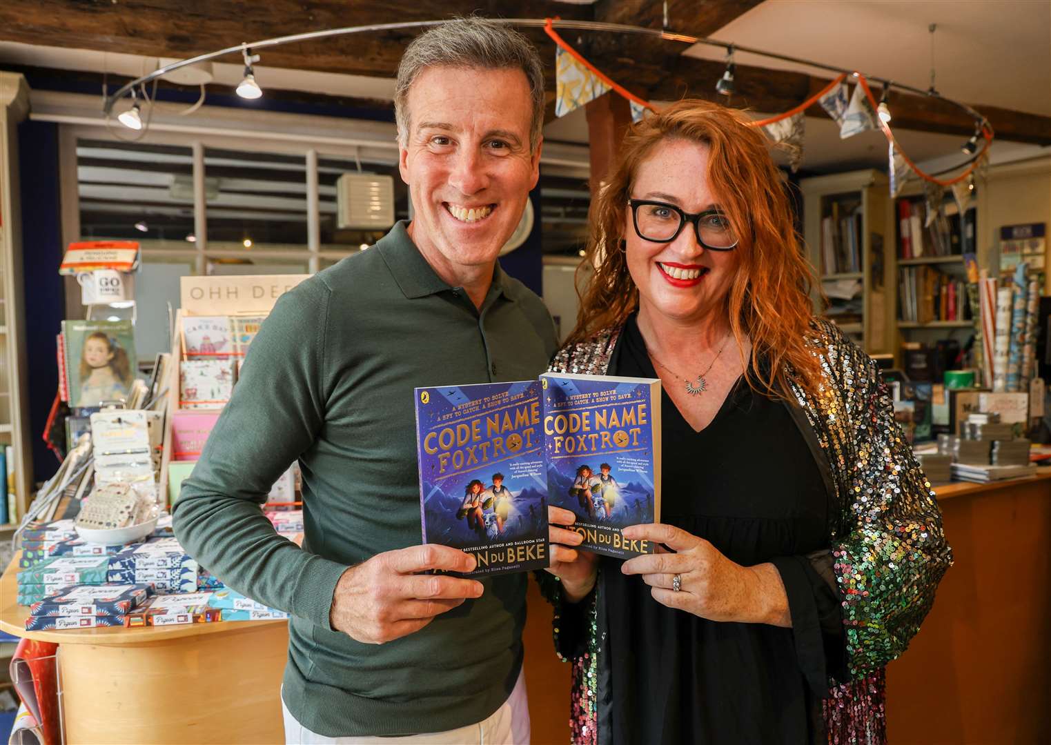 Strictly Come Dancing judge, Anton Du Beke, with Hungerford Bookshop owner, Emma Milne-White, at his recent Bank Holiday Monday book signing