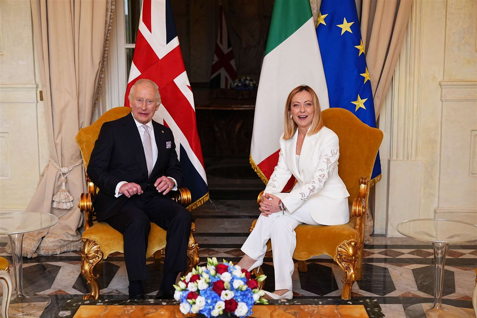 The King poses for a photo with Italian prime minister Giorgia Meloni at Villa Doria Pamphili, in Rome (Aaron Chown/PA)