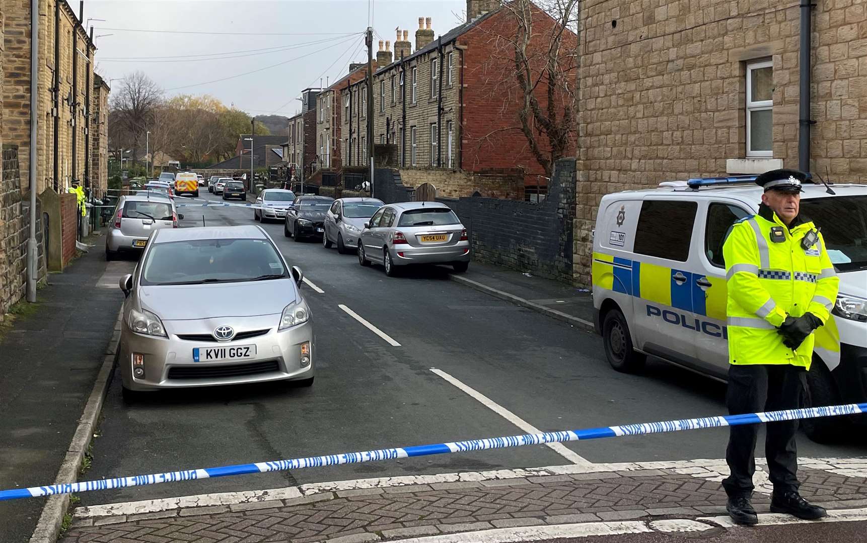 Police at the scene in Dewsbury following the death of a woman in a ‘domestic-related incident’ (Dave Higgens/PA)