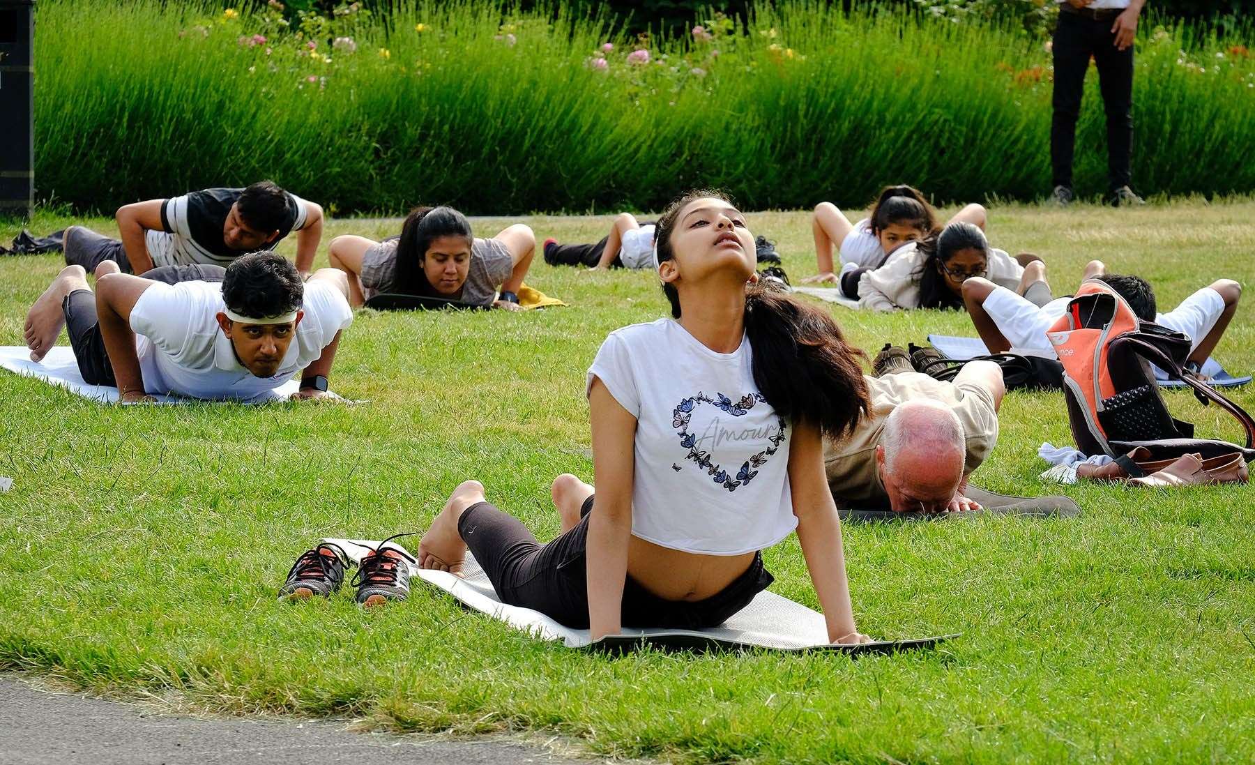 Residents take part in yoga day