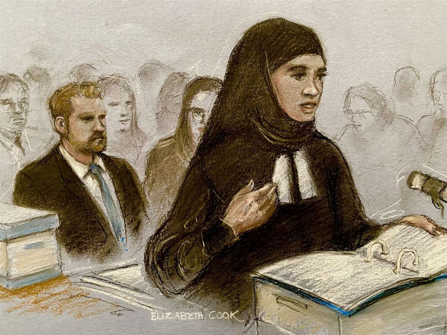 Court artist sketch of Shaheed Fatima KC, watched by the Duke of Sussex, during the hearing at the Royal Courts of Justice (Elizabeth Cook/PA)