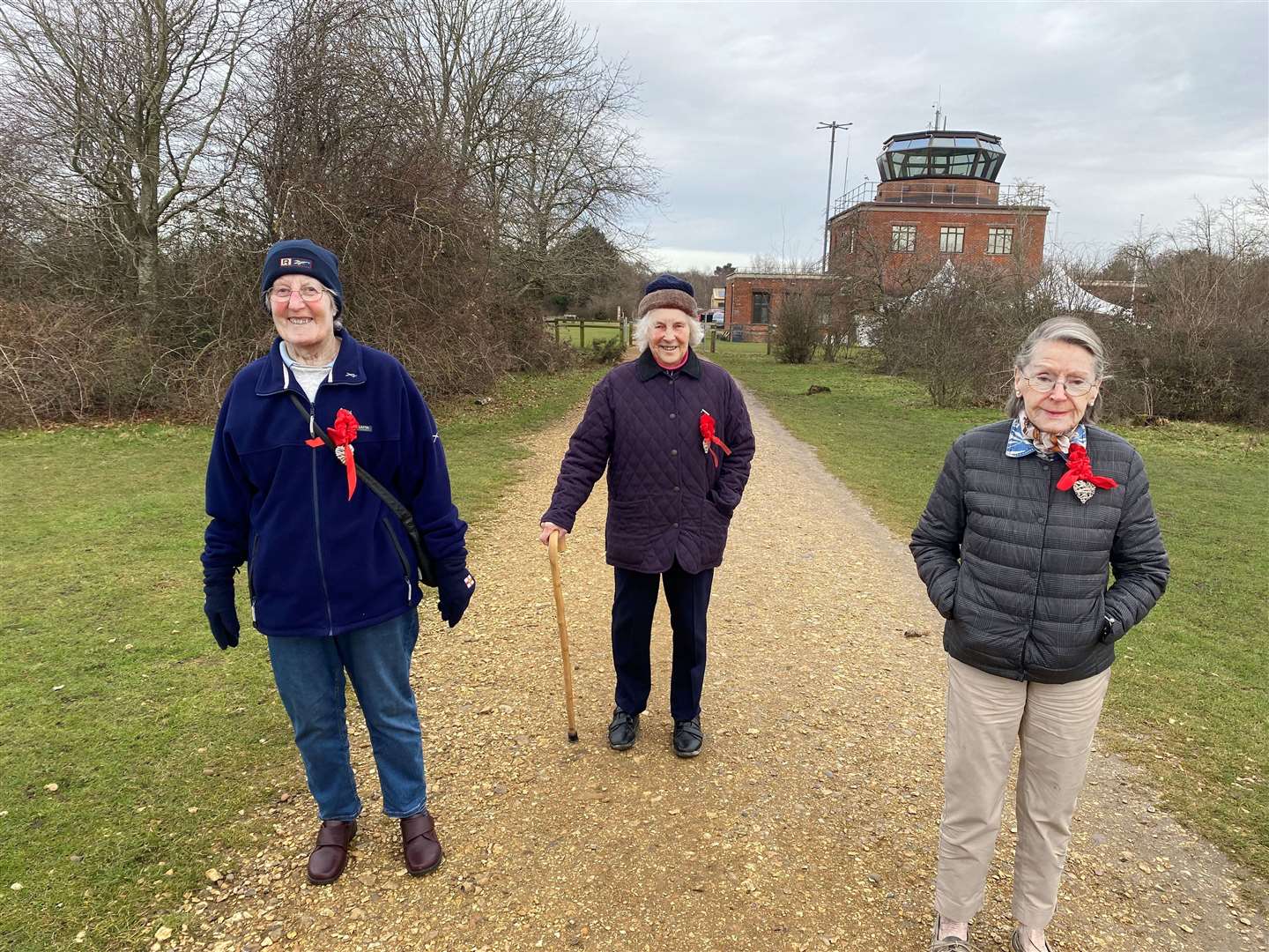 Falkland Grange residents Ann, Mary and Minnie completing the sponsored walk around Greenham Common