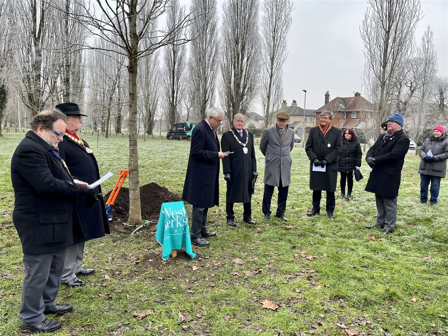 Various dignitaries attending Her Late Majesty's memorial tree unveiling. From left to right, Newbury Mayor, Gary Norman; Thatcham Mayor, Jeff Brooks; Lord-Lieutenant for the Royal County of Berkshire, James Puxley; West Berkshire Council chairman, Rick Jones, and Newbury Racecourse CEO, Julian Thick