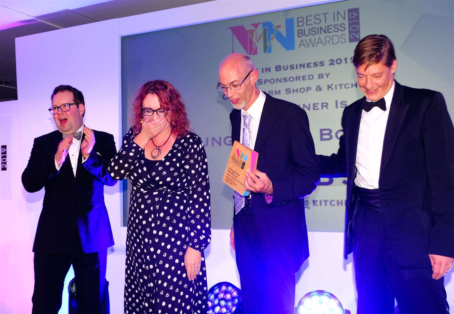 Emma and Alex Milne-White from Hungerford Bookshop celebrate winning the NWN Best in Business Awards in 2019