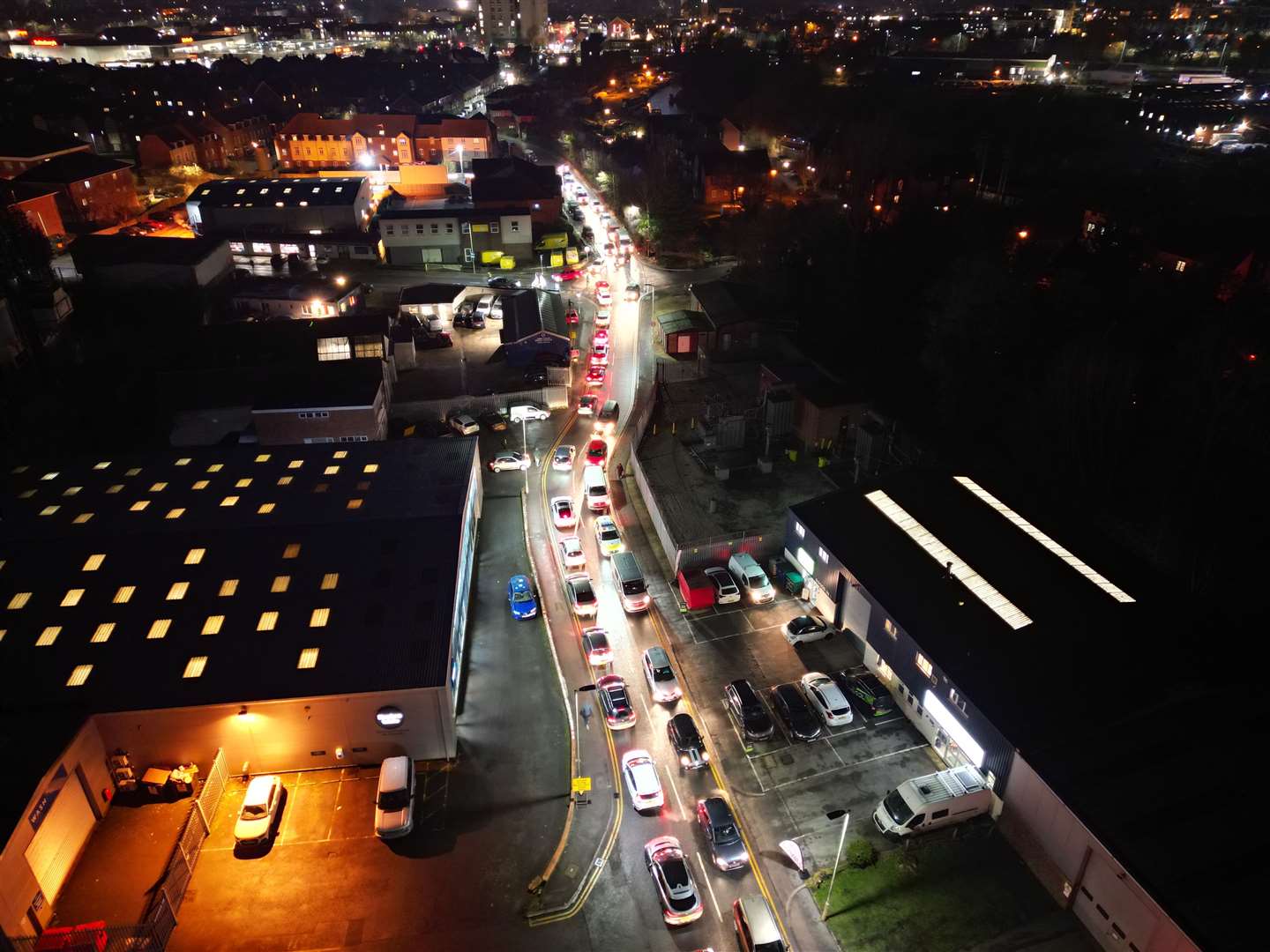 Aerial view of gridlocked traffic along Bone Lane, Newbury. Credit: Chris Bull