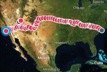 The route Mrs Templeman cycled across the US