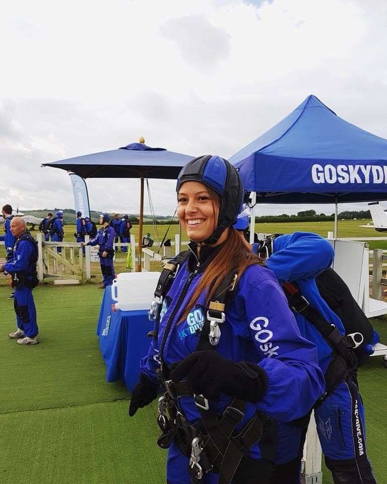 Miss Davis in 2018 preparing for her skydive raising money for the Rosemary Appeal