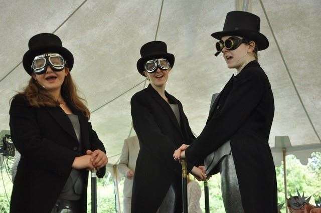 Boxford Masques Evie Billyeald, Rose Godwin-Borthwick and Emily Beck as the robotic Telemons, picture Kit Morris