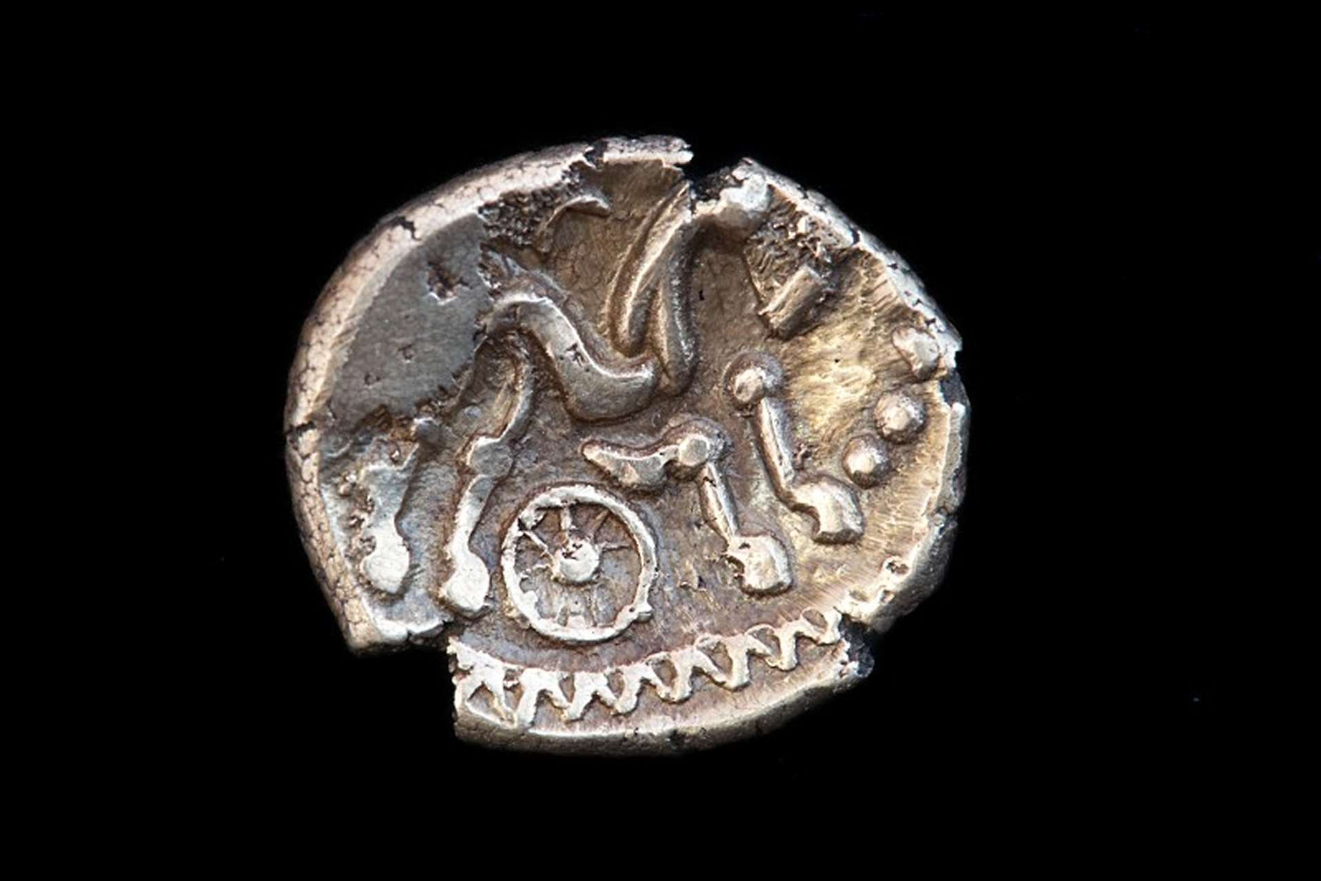 Close up of 'Selsey Two-Faced' type coin from the Wokefield Hoard illustrating the stylised horse. NEBYM:2018.54.8. Image copyright West Berkshire Museum