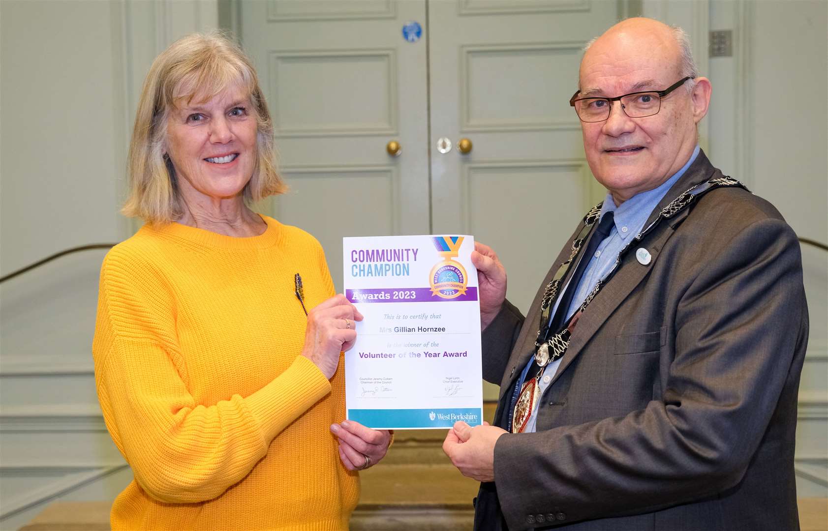 Winner of the Volunteer of the year award Gillian Hornzee and chairman of West Berkshire Council Jeremy Cottam