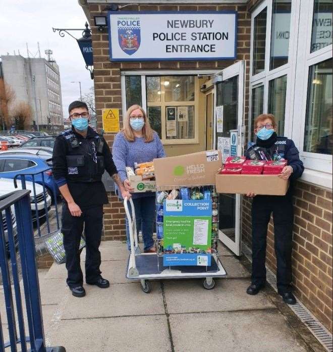 The team at Newbury Police Station with donations for the local charity. Picture by Thames Valley Police West Berkshire. (53839610)