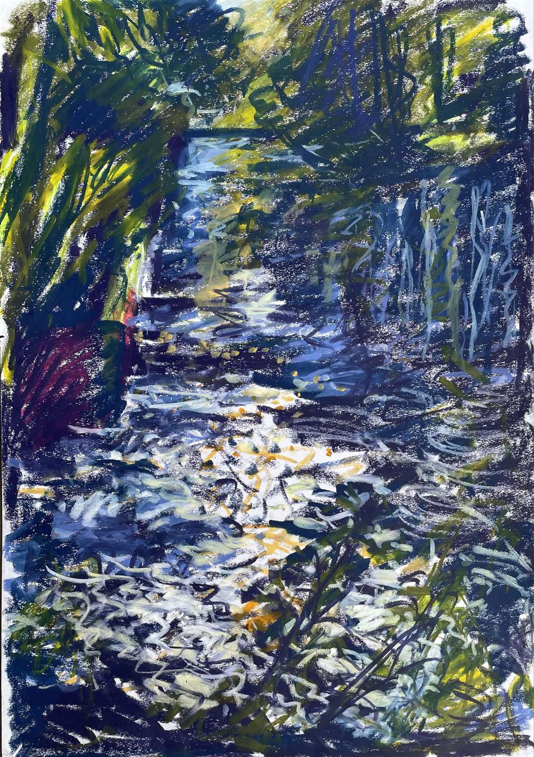 Nick Schlee: Sun on the Pang passing a backwater, oil pastel