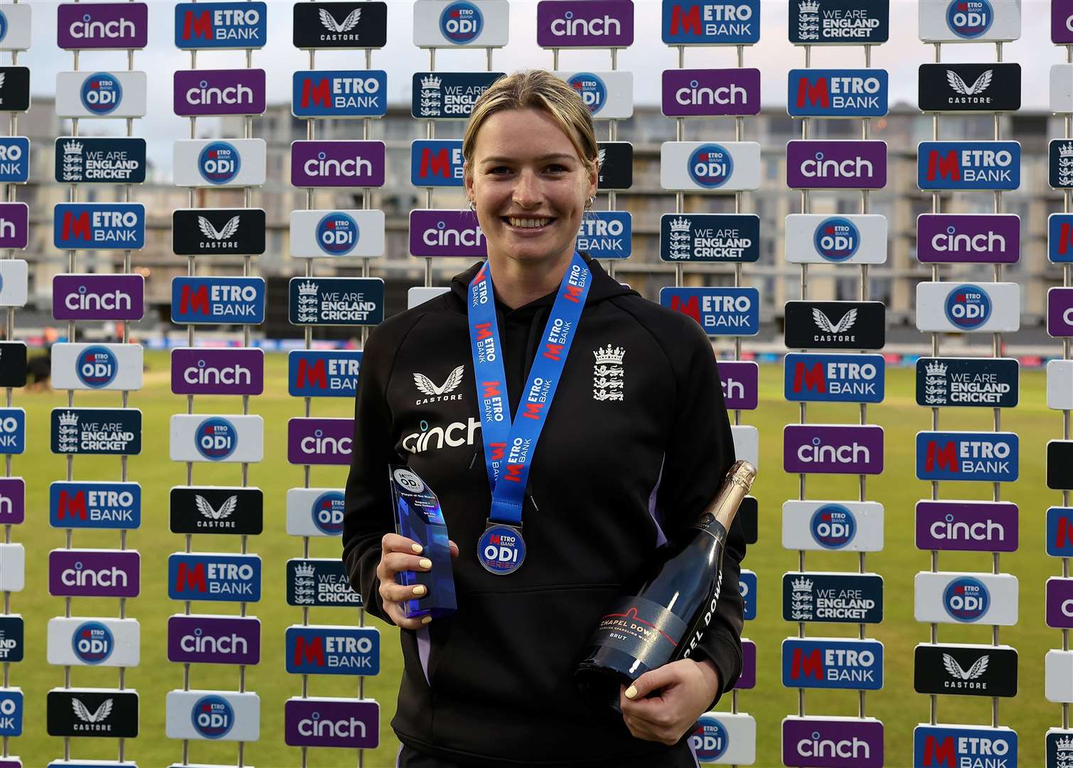 Lauren Bell of England poses with the player of the match trophy during the 3rd Women's Metro Bank ODI at Seat Unique Stadium on July 03, 2024 in Bristol, England. (Photo by Michael Steele - ECB/ECB via Getty Images)