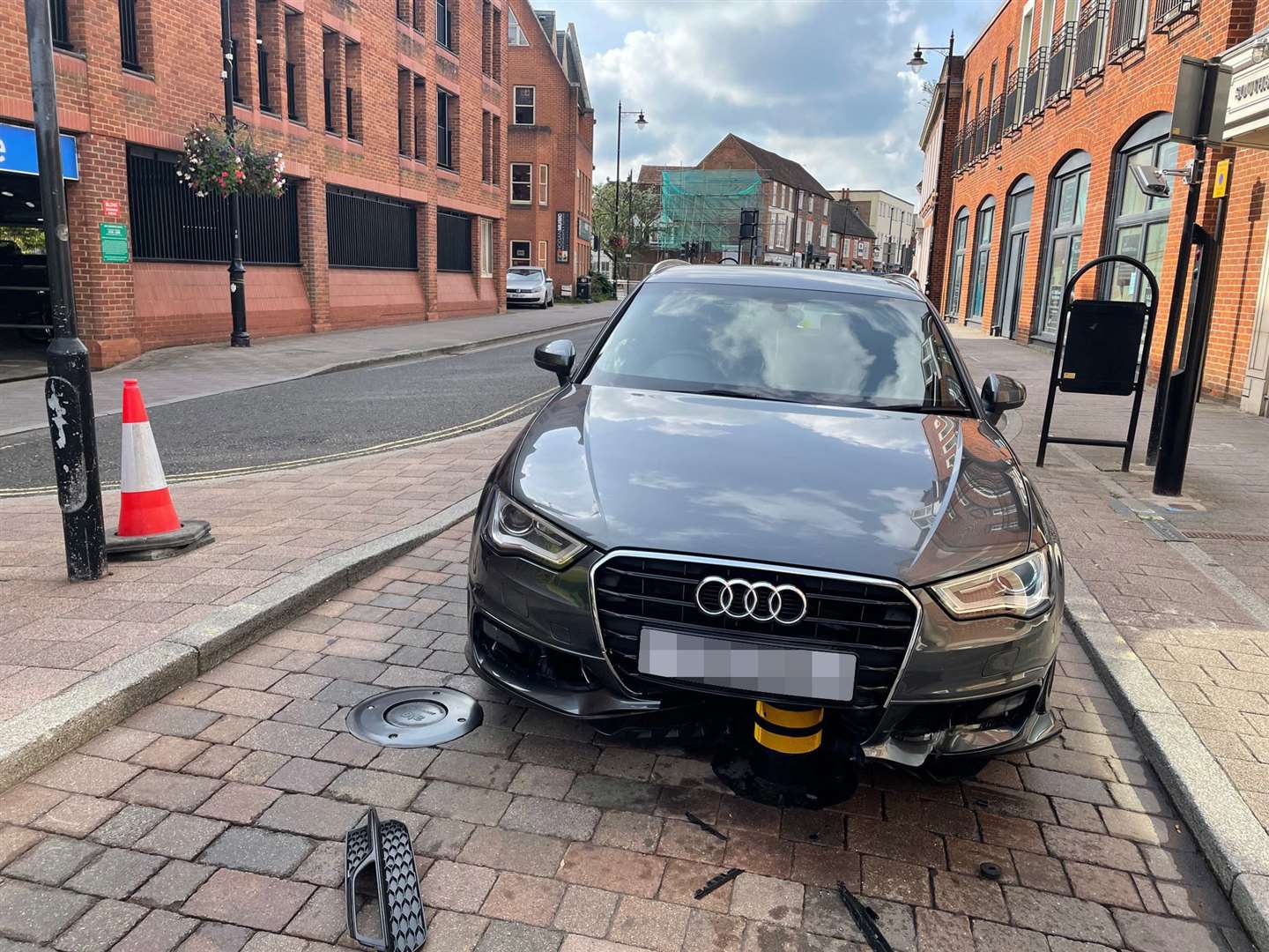 Audi A3 damaged by bollard in Bartholomew Street, Newbury