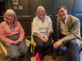 Esme Young and Patrick Grant from the Sewing Bee presented Marion Scott-Baker (middle) with a Sewing Hero award