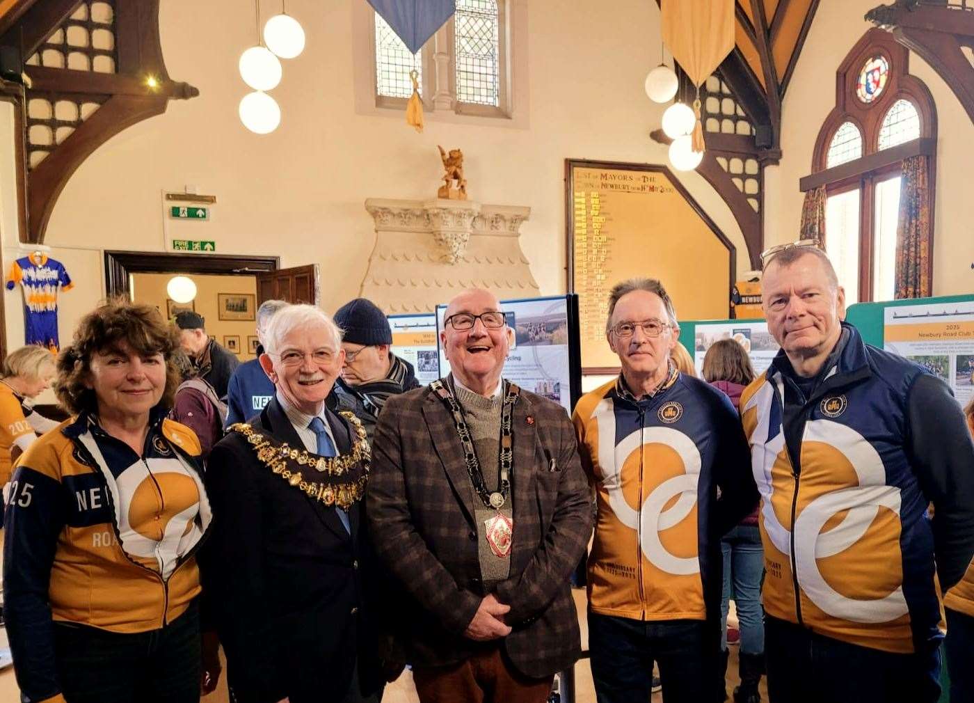 NRC Chair, Lorraine Murrell, Newbury Mayor, Andy Moore, Chair of West Berkshire Council, Billy Drummond, Club Historian, Dave Portwood and Exhibition Designer, John Murrell.