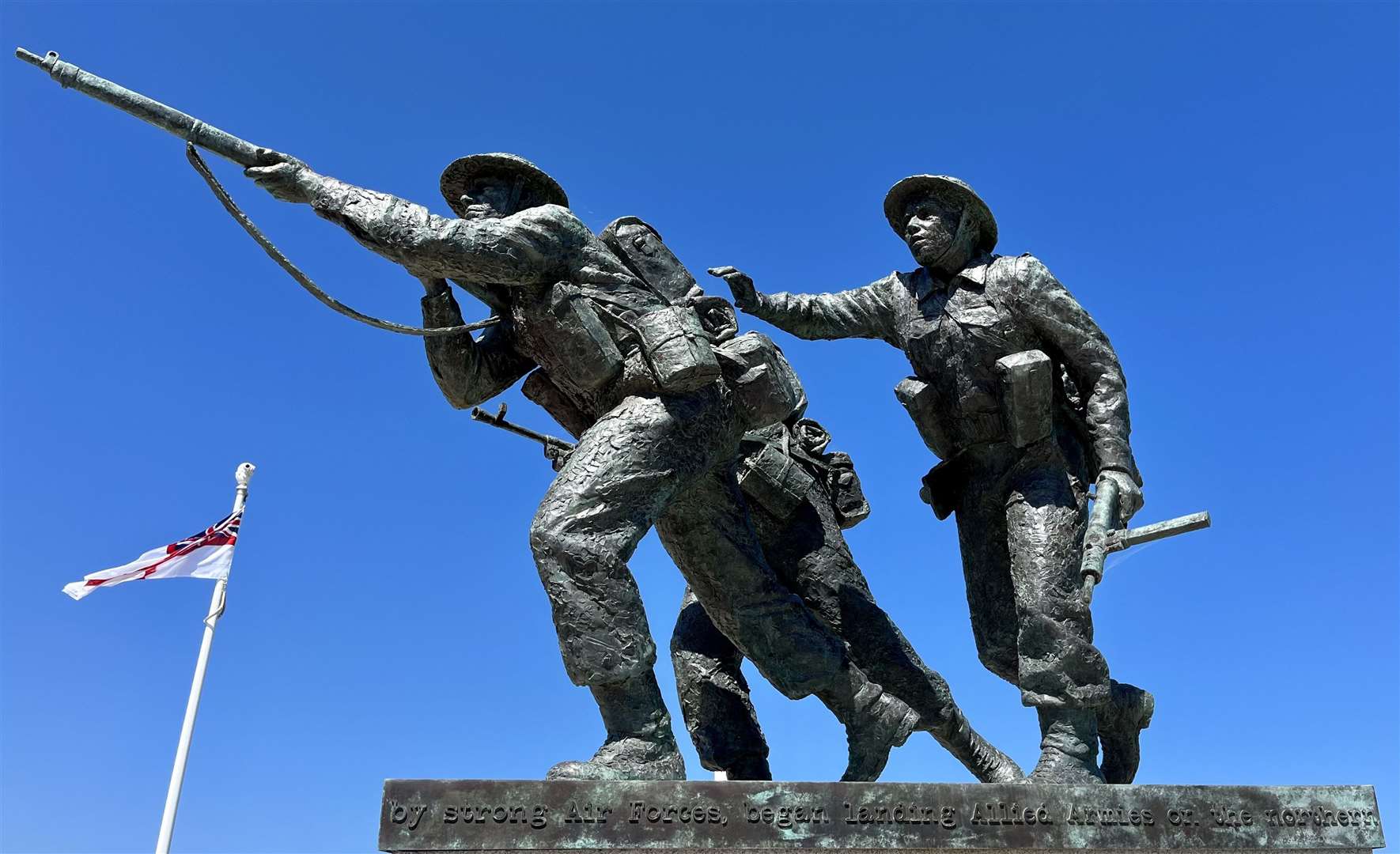 D-Day sculpture at the British Normandy Memorial created by David Williams-Ellis portraying three British infantrymen. Credit: Mirek Gosney