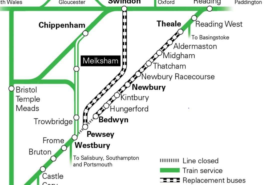 Map showing which journeys will be made via rail replacement buses. Not all stations are shown. Credit: GWR