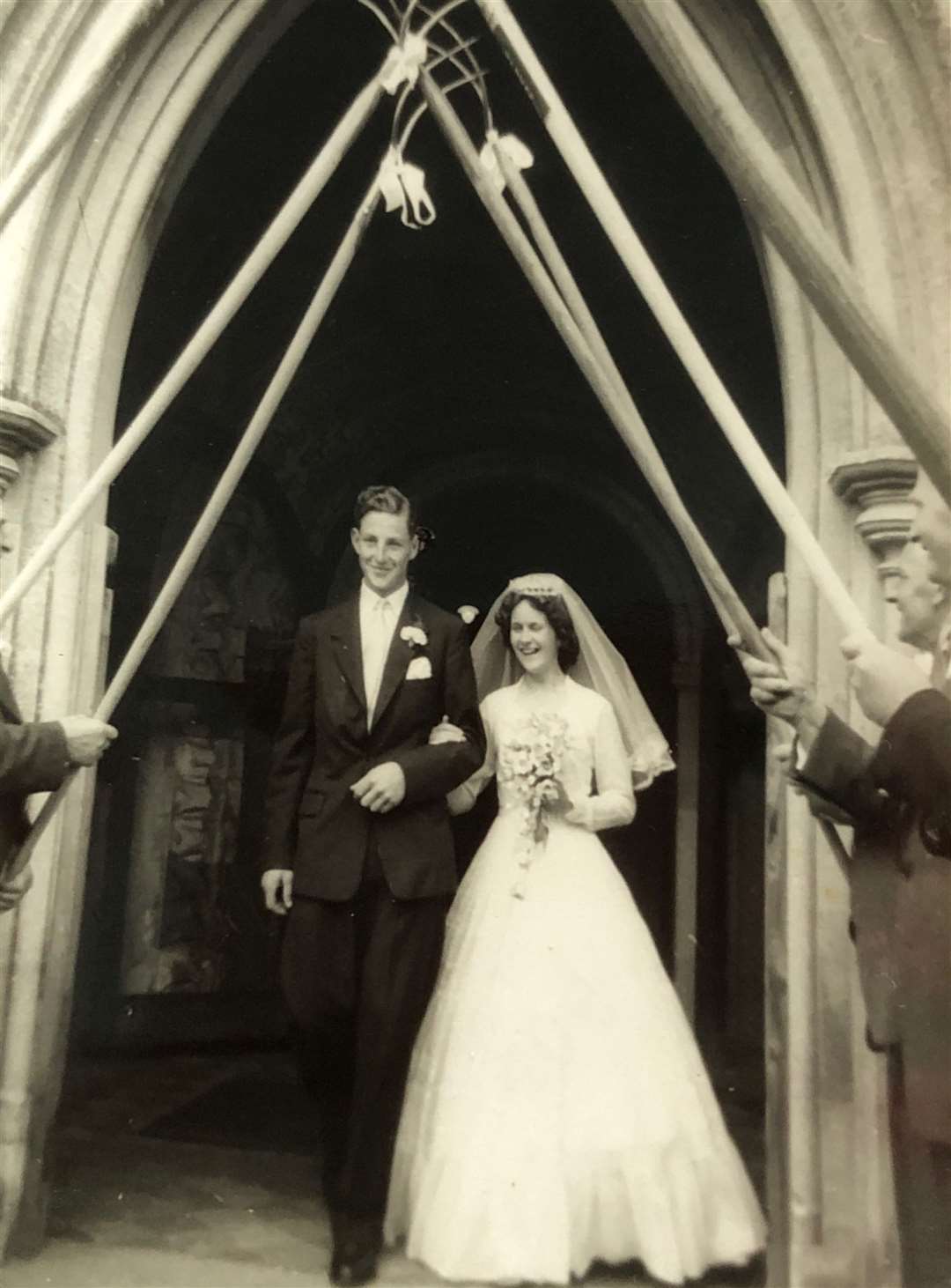 John and Pat Grover's wedding day at St Mary's Church, Thatcham in 1957