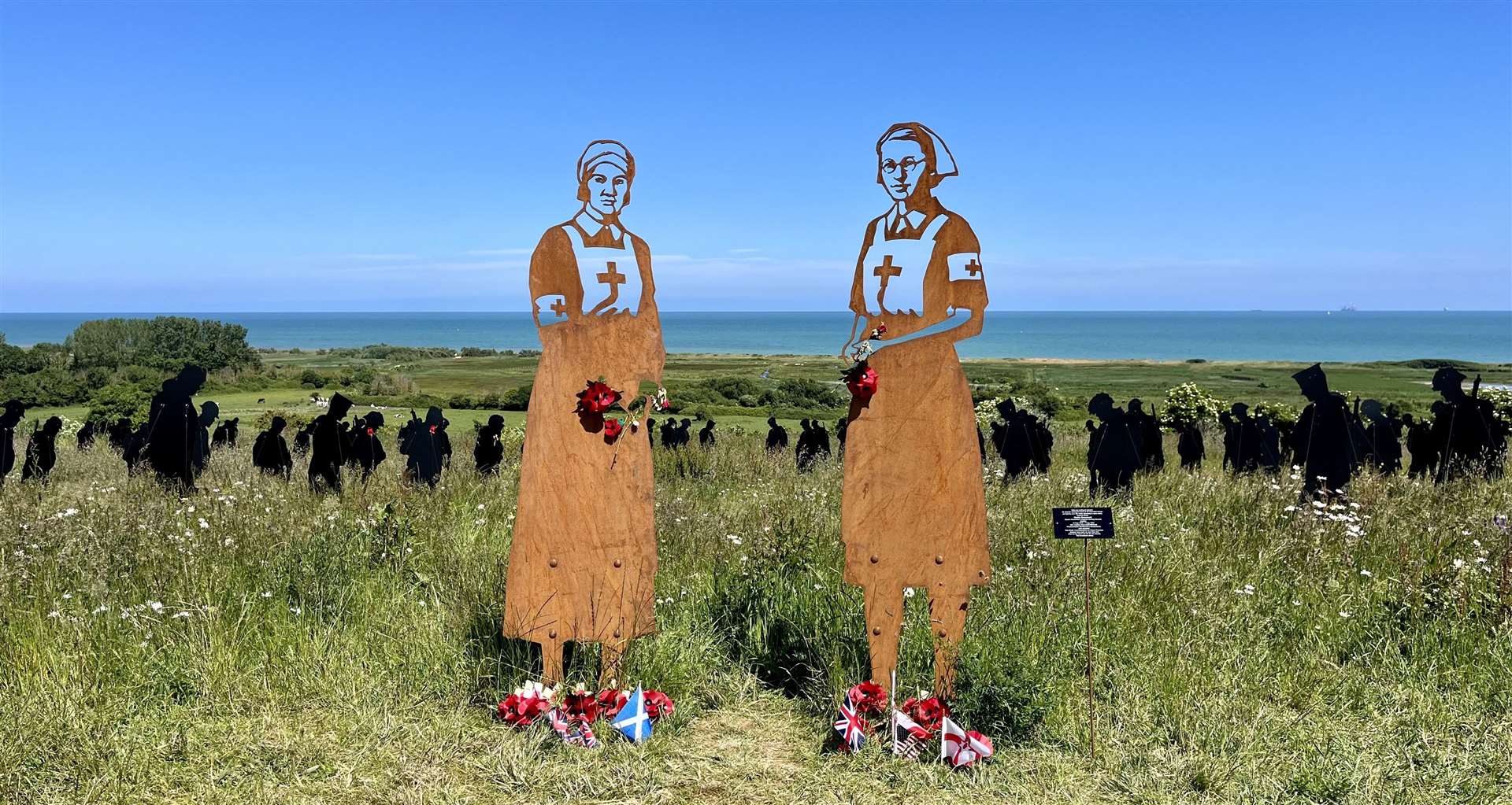 Silhouettes of two nurses, Sisters Mollie Evershed and Dorothy Field, who died while saving 75 men from a sinking hospital ship. Credit: Mirek Gosney