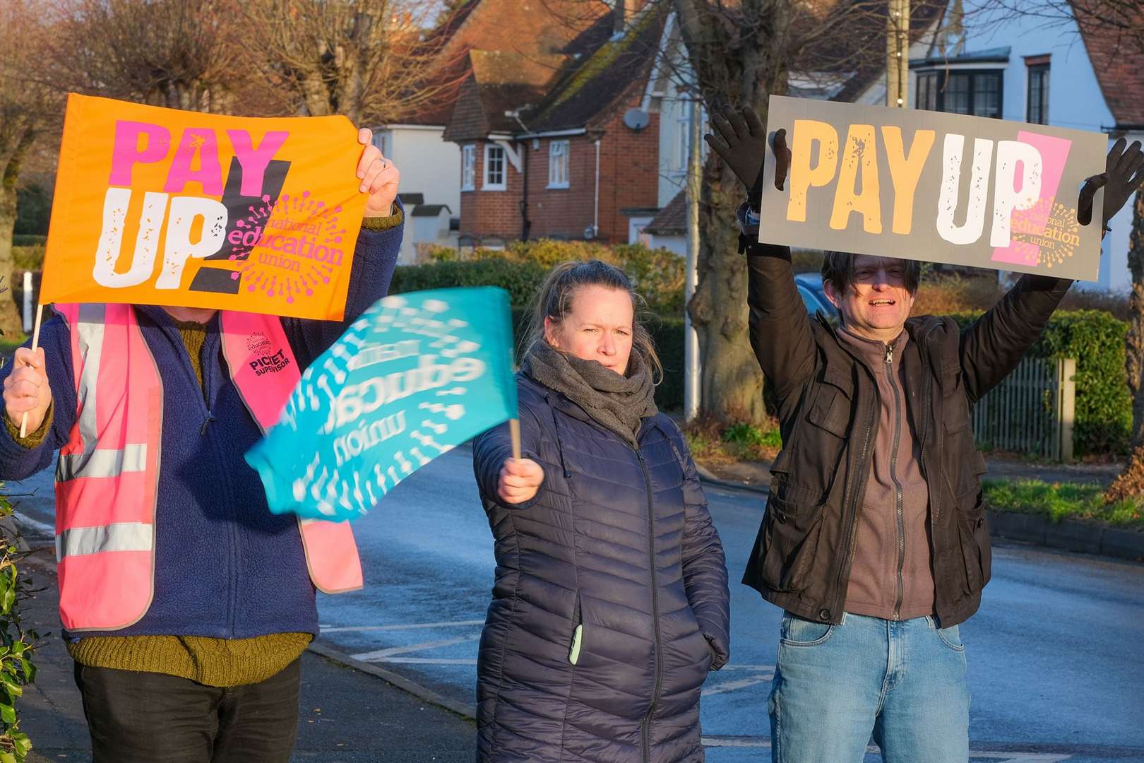 Teachers striking outside St Bartholomew's School this morning