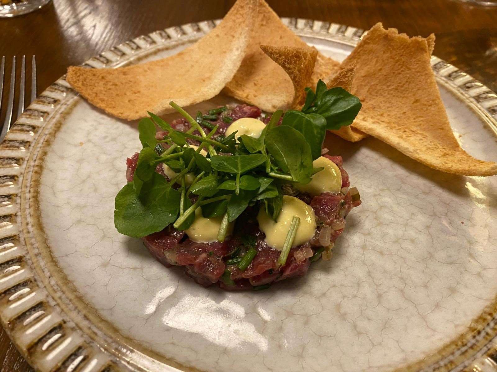 Heritage beef tartare with Melba toast and anchovy mayonnaise (£14)