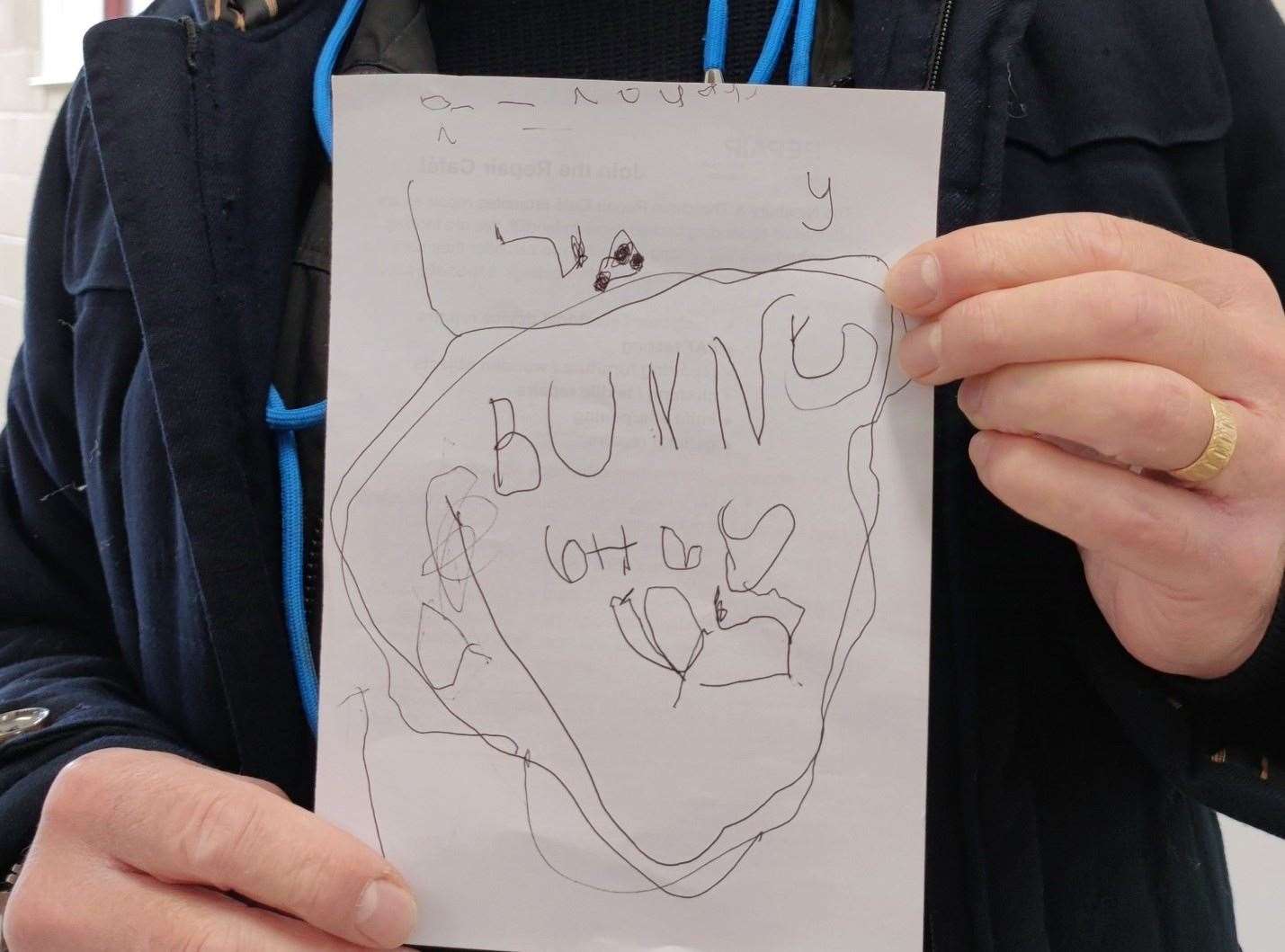 Thank you drawing from a child to the volunteer who repaired the toy bunny