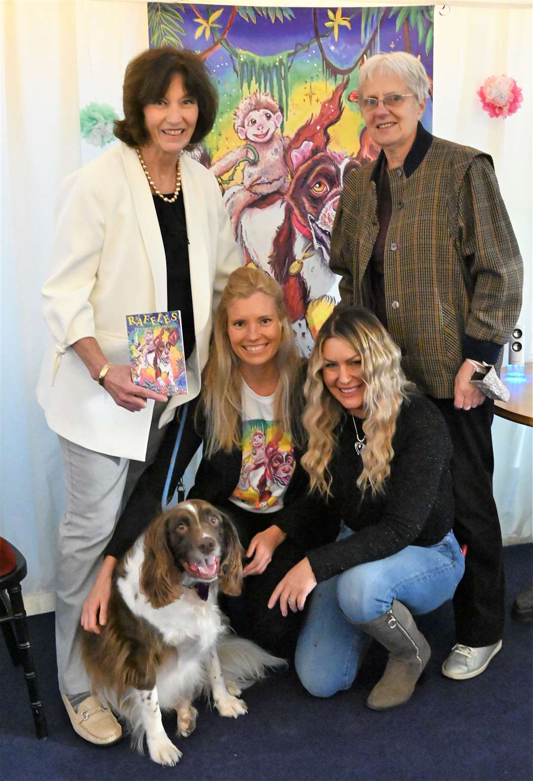 Sally and Lowri Seager with Raffles, illustrator Layla Cope and editor/proofreader Jane Read. Ref: 43-0921
