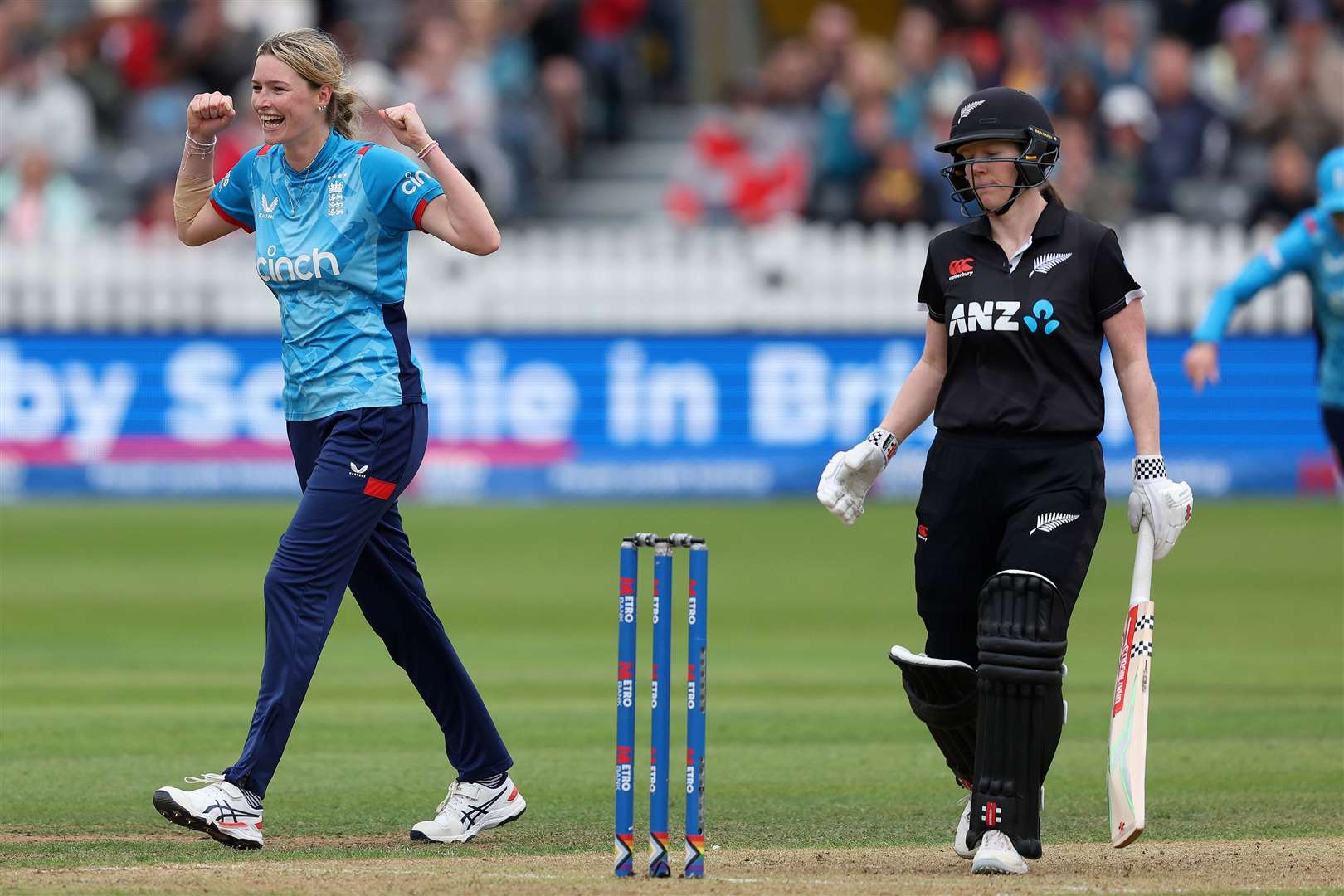 Lauren Bell of England celebrates taking her fifth wicket of New Zealand's Lauren Down during the 3rd Women's Metro Bank ODI at Seat Unique Stadium on July 03, 2024 in Bristol, England. (Photo by Michael Steele - ECB/ECB via Getty Images)